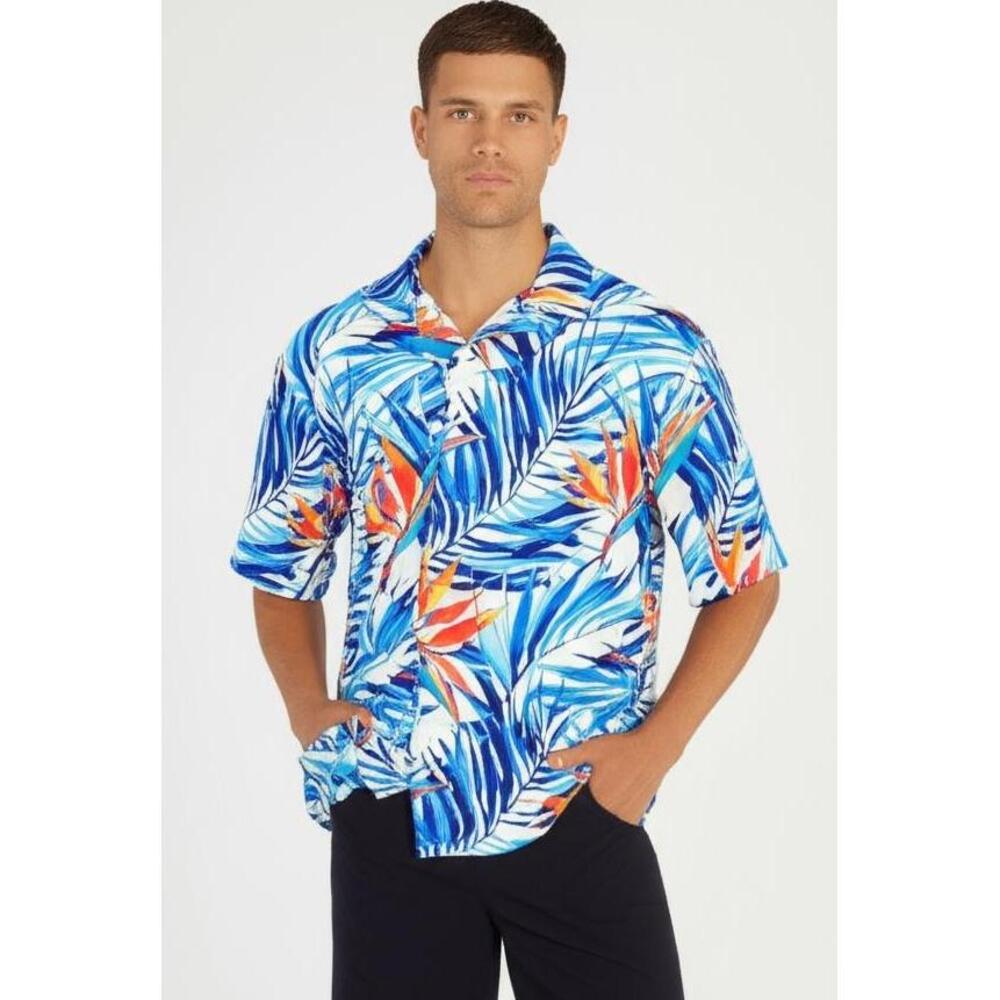 USKOY Hawaiian Shirt 4XL White Tropical Print Birds Of Paradise Beach‎ Casual